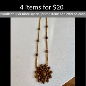Unique Brown Organic Bead & Gold Plated Chain Necklace with Bead Flower Pendant